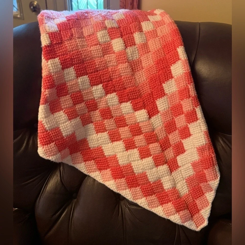 Handmade Baby Blanket Gingham Pattern Pink, Coral & White 43x35 Inches Washable